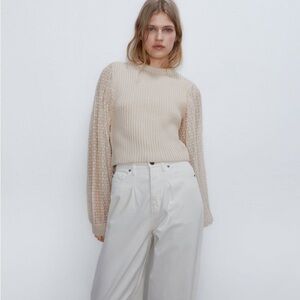 Zara Contrast Knit Bubble Sleeve Sweater